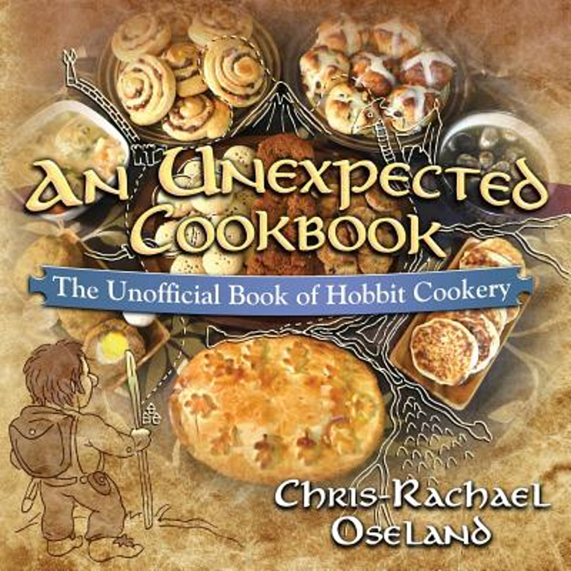 Cover of An Unexpected Cookbook: The Unofficial Book of Hobbit Cookery; a pencil style drawing of the back of a hobbit is in the bottom left corner, looking up at photographs of pies, buns, and pastries.