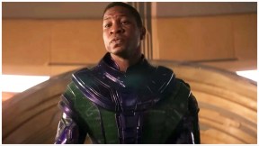 Jonathan Majors wears green and purple armor as Kang in 'Ant-Man and the Wasp: Quantumania'