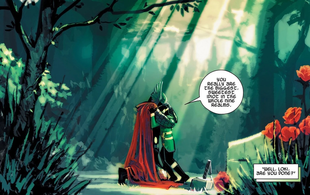 Kid Loki and Thor hug in the forest. Kid Loki calls Thor "the biggest, sweetest idiot in the whole Nine Realms."