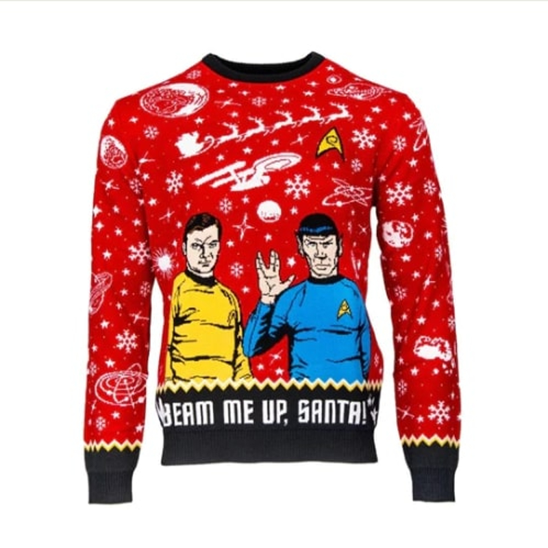 A red Christmas sweater with Kirk and Spock knitted into the design. At the bottom is says "beam me up Santa"