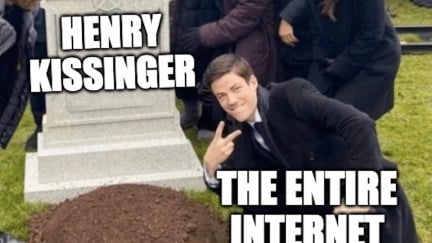The meme of Grant Gustin (labeled The Entire Internet) flashing a peace sign over a grave (labeled 