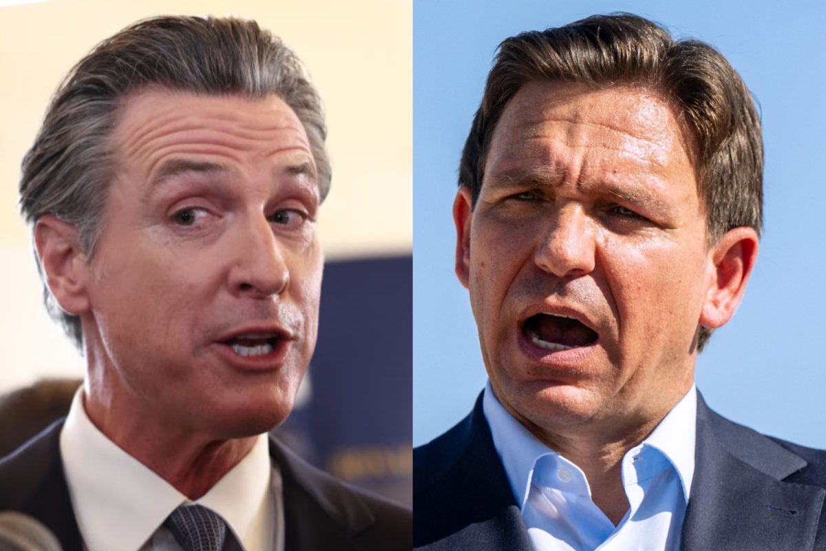 Side by side images of Gavin Newsom and Ron Desantis making exaggerated faces while speaking.