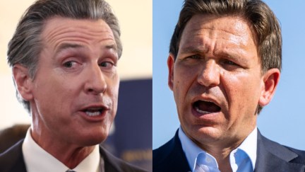 Side by side images of Gavin Newsom and Ron Desantis making exaggerated faces while speaking.