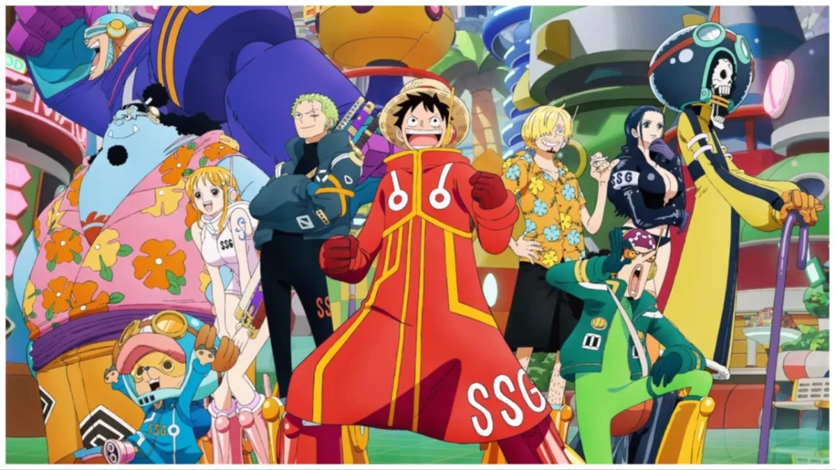 'One Piece' anime characters in a futuristic landscape.