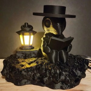 An almost chibified plague doctor sits reading next to an old fashioned lamp that's lit.