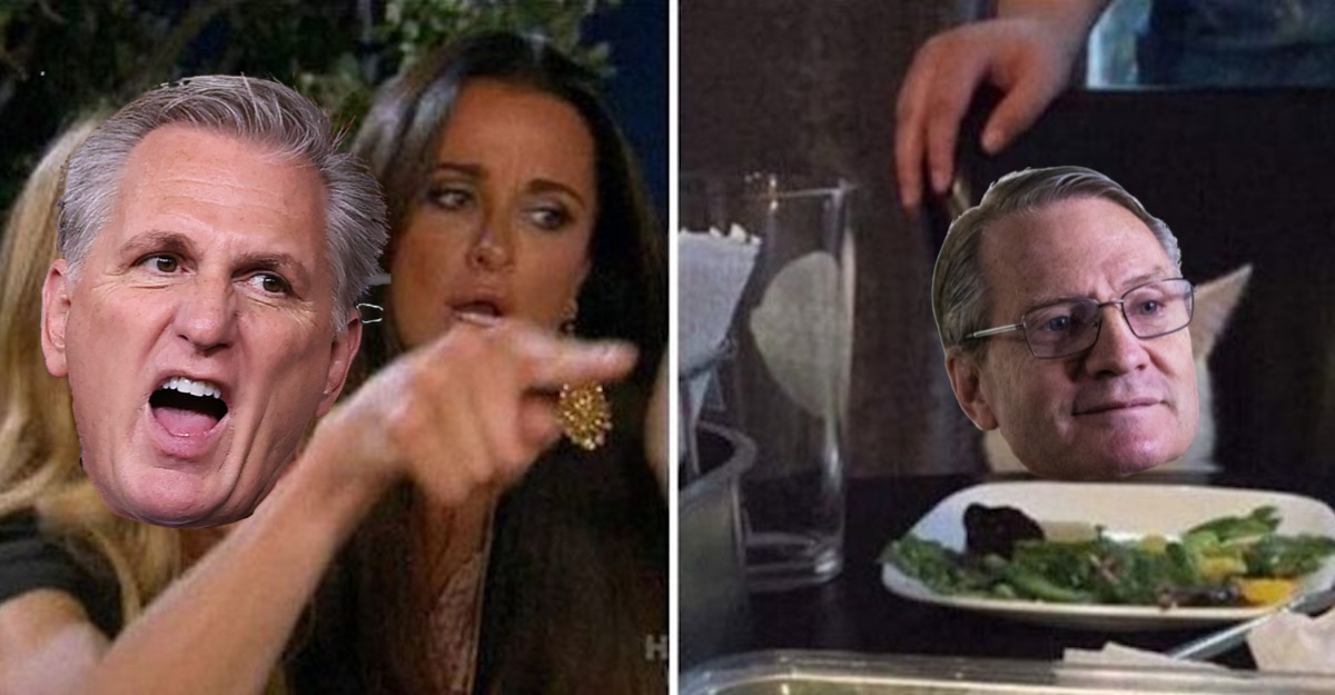 The meme of a woman yelling at a cat eating salad, with the faces of white male republican lawmakers overlaid.