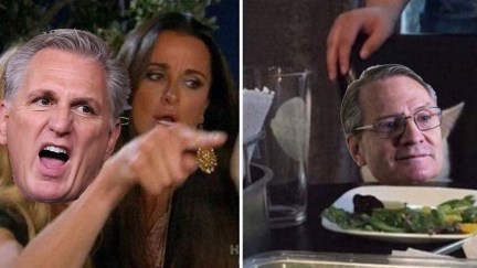 The meme of a woman yelling at a cat eating salad, with the faces of white male republican lawmakers overlaid.