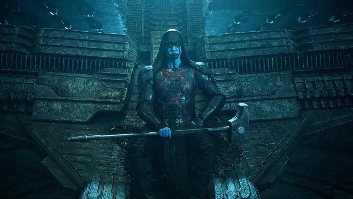 Lee Pace as Ronan the Accuser, holding the Cosmi-Rod