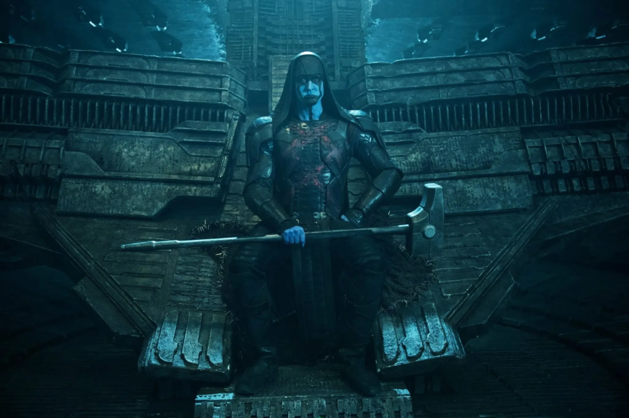 Lee Pace as Ronan the Accuser, holding the Cosmi-Rod