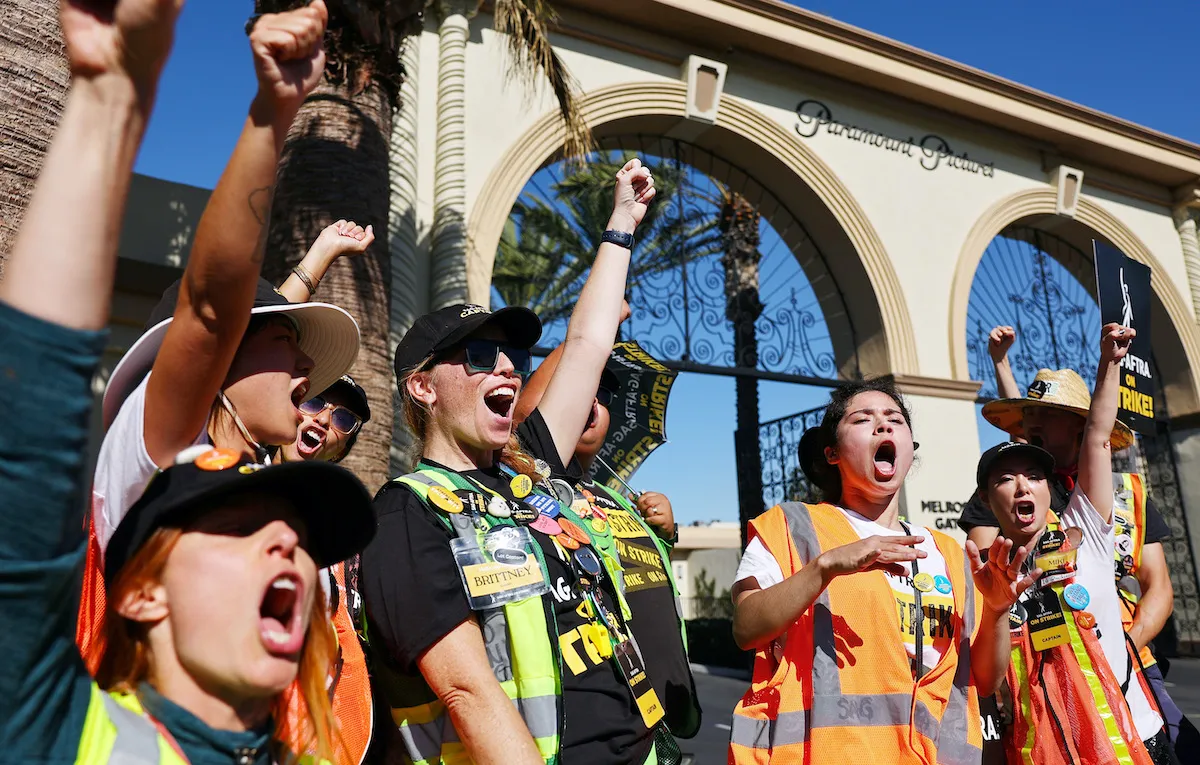SAG-AFTRA members rally outside the Paramount studio.