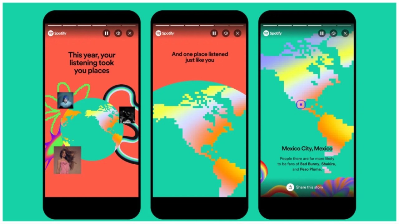 Three phone screens displaying graphics for Spotify Wrapped's Sound Towns feature.