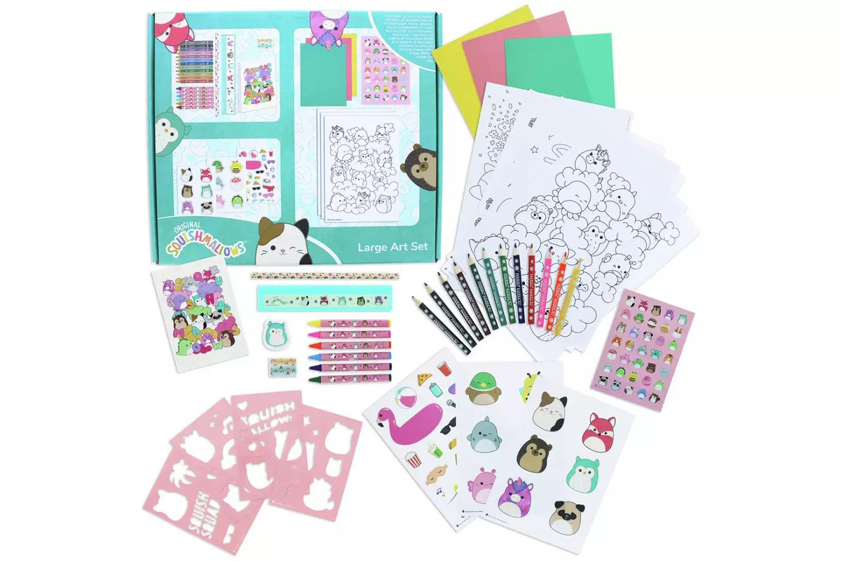 Squishmallow art set including colouring pencils, stickers, and stencils.