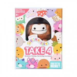 Squishmallow Take 4 cardgame. A white box with pastel squishmallows all over it and a brown yeti squishmallow shown through a plastic window in the centre of it.