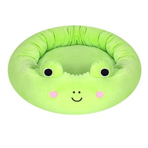 A green, frog, Squishmallow pet bed. It's round and wide with mounded edges.