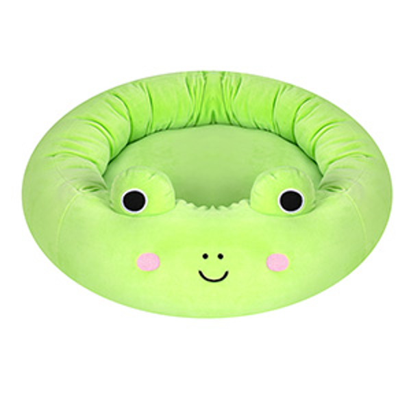 A green, frog, Squishmallow pet bed. It's round and wide with mounded edges.