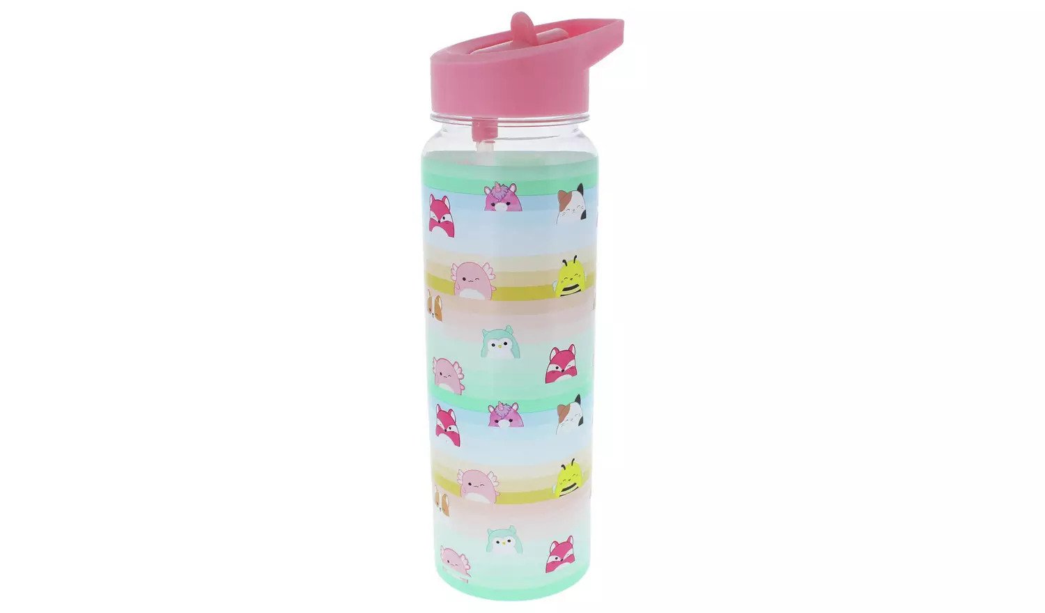 A Squishmallow waterbottle. It's clear with a pink lid and a pink and blue striped transfer covering most of it with little cartoon Squishmallow's over it.