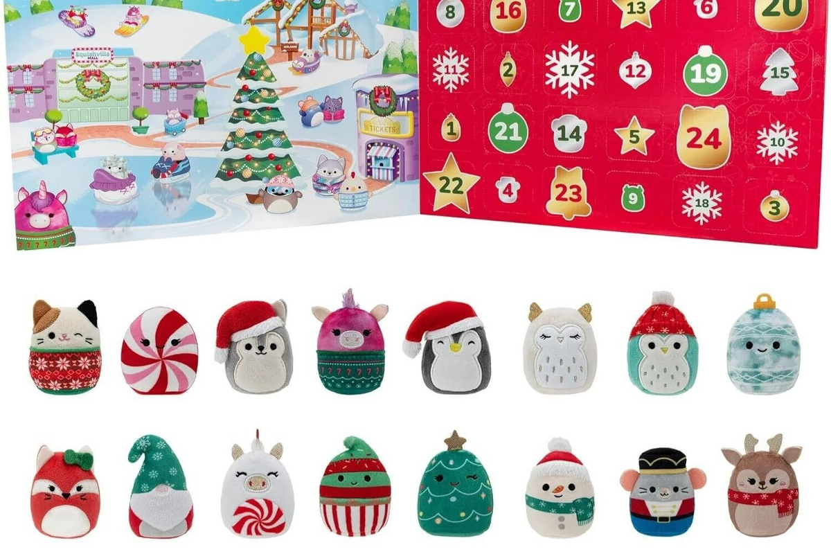 Clipped image of the Squishville advent calendar promotional picture. An advent calendar with a christmas scene over a selection of mini Squishmallows.