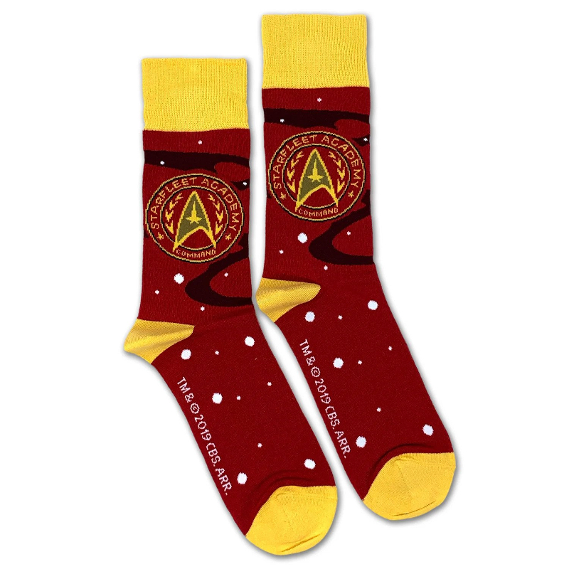 Red socks with yellow tops, heels, and toes and the Star Trek logo on the side.