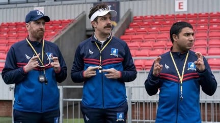 Brendan Hunt, Jason Sudeikis, and Nick Mohammed on set of Ted Lasso