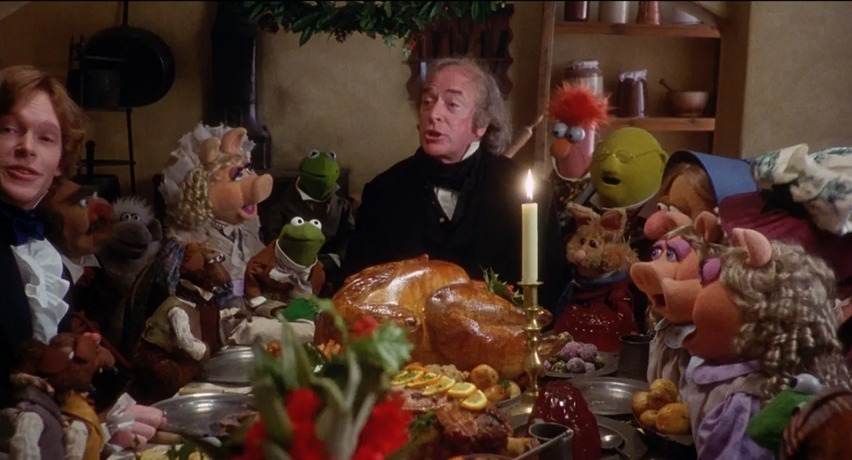 Michael Caine and the Muppets gathered around a turkey dinner