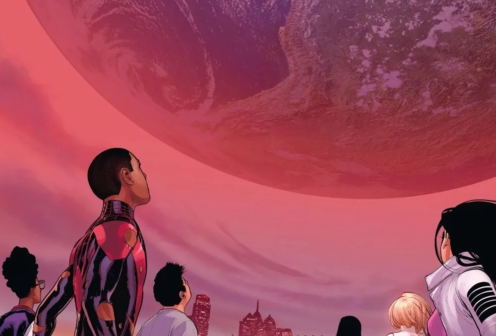 In a comic book panel, Miles Morales and others look up at a second Earth looming above them in a red sky.