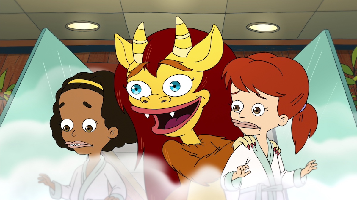 Missy, Connie the hormone monster, and Jessi in the 'Big Mouth' episode "What Is It About Boobs?"