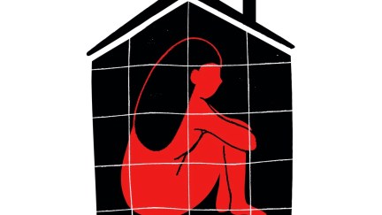 An illustration of a woman sitting inside the outline of a home, with bars drawn over the whole structure.
