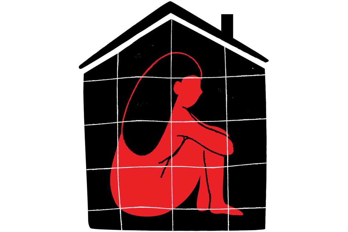 An illustration of a woman sitting inside the outline of a home, with bars drawn over the whole structure.