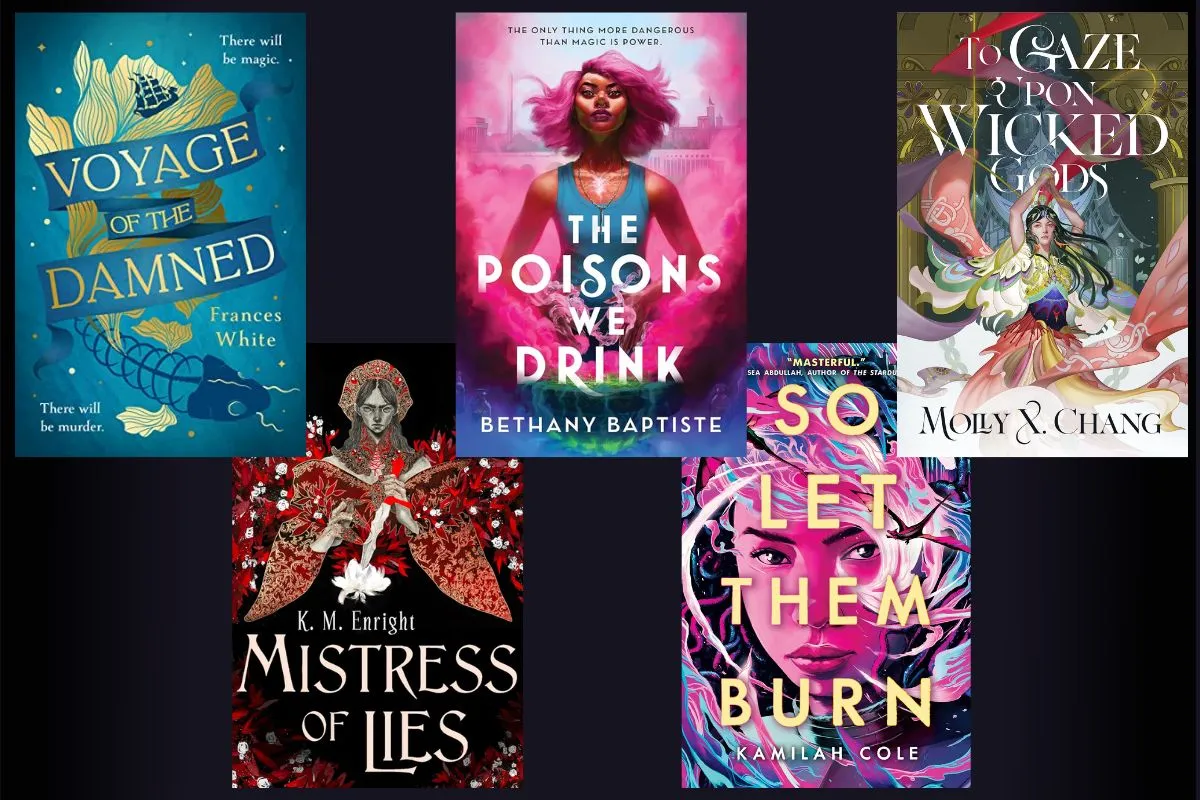 "Voyage of the Damned" by Frances White; "Mistress of Lies" by K. M. Enright; "The Poisons We Drink" by Bethany Baptiste; "So Let Them Burn" by Kamilah Cole; and "To Gaze Upon Wicked Gods" by Molly X. Chang. All books review bombed in relation to Cait Corrain's book release.