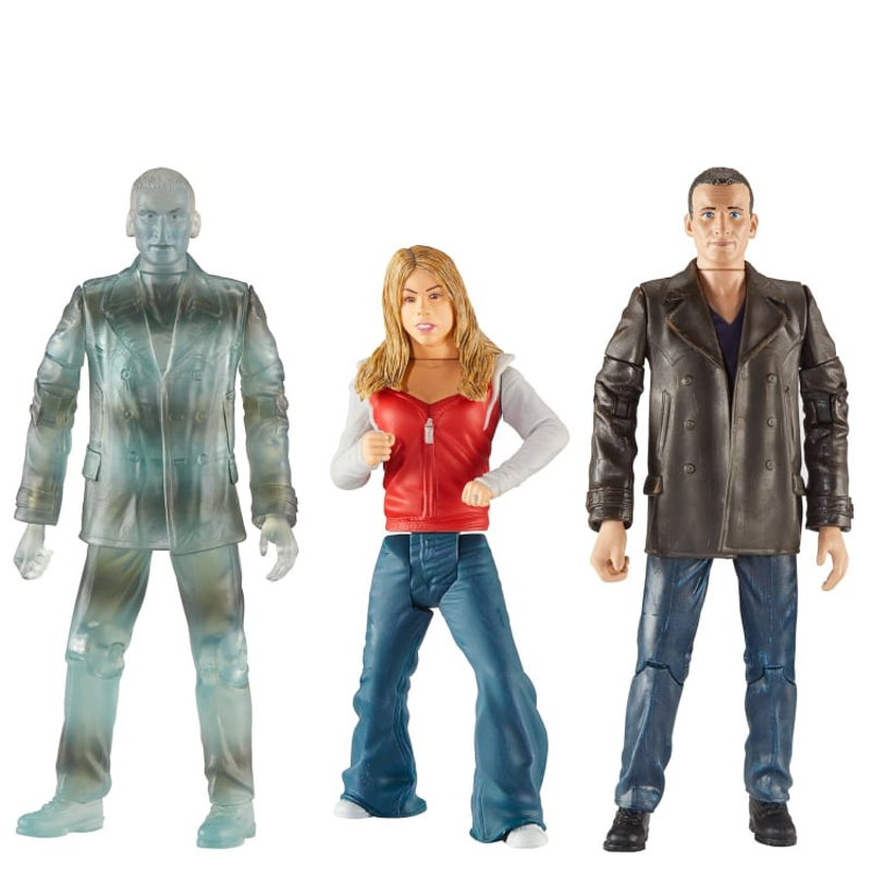 Three figures; a white man with dark hair and a leather jacket on the right, a white woman with shoulder length blonde hair and a pink and white hoodie in the middle, and a blue and brown striped figure shaped like the man on the right on the left.
