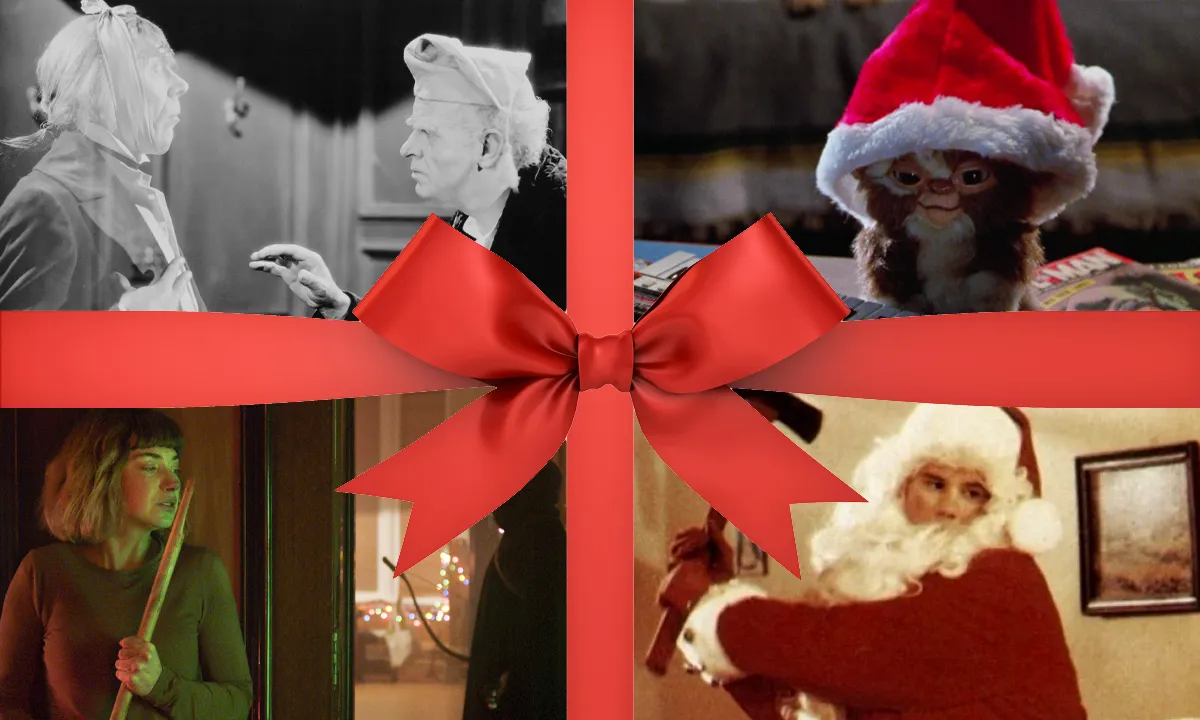 A collage featuring four of the best Christmas horror movies (clockwise from top left): 'A Christmas Carol' (1938), 'Gremlins,' 'Silent Night, Deadly Night,' and 'Black Christmas' (2019)