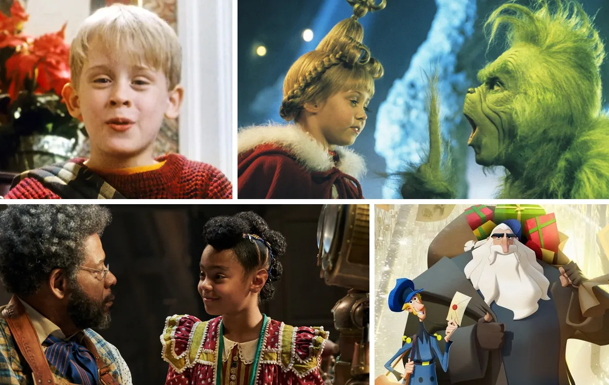 A collage featuring some of the best Christmas movies for kids (clockwise from top left): 'Home Alone,' 'How the Grinch Stole Christmas,' 'Klaus,' and 'Jingle Jangle: A Christmas Journey'