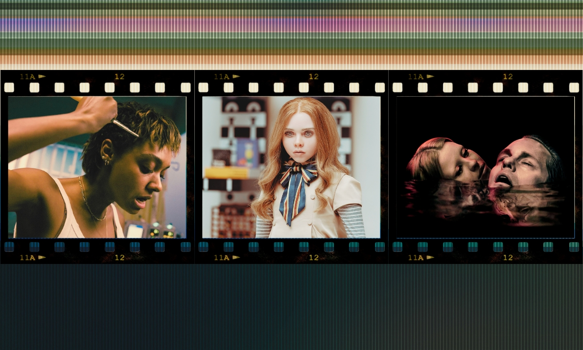 A film strip with images from 'Talk to Me,' 'M3GAN,' and 'Infinity Pool' over a retro digital background