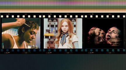 A film strip with images from 'Talk to Me,' 'M3GAN,' and 'Infinity Pool' over a retro digital background