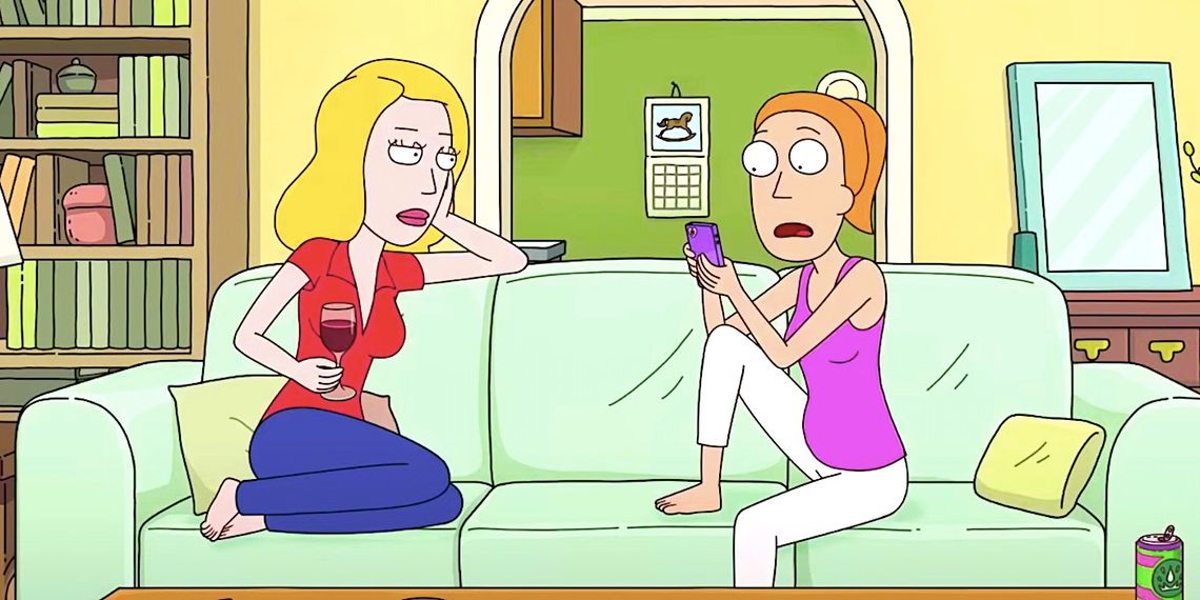 Beth and Summer sit on a couch in 'Rick and Morty.'