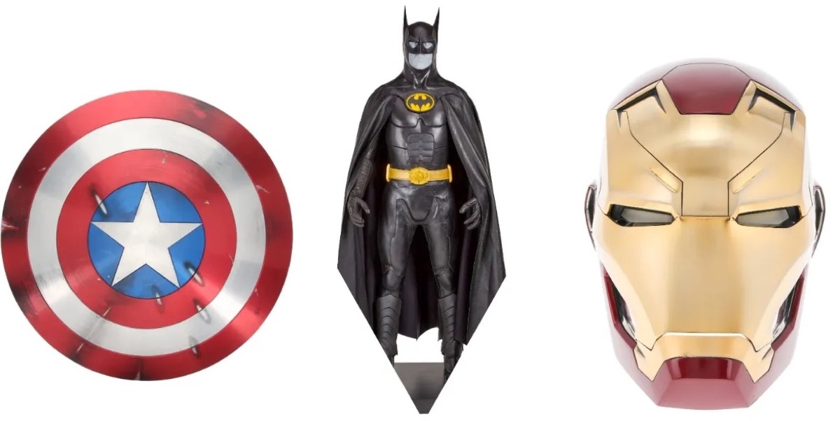 Captain America shield, Batman suit, and Iron Man helmet.