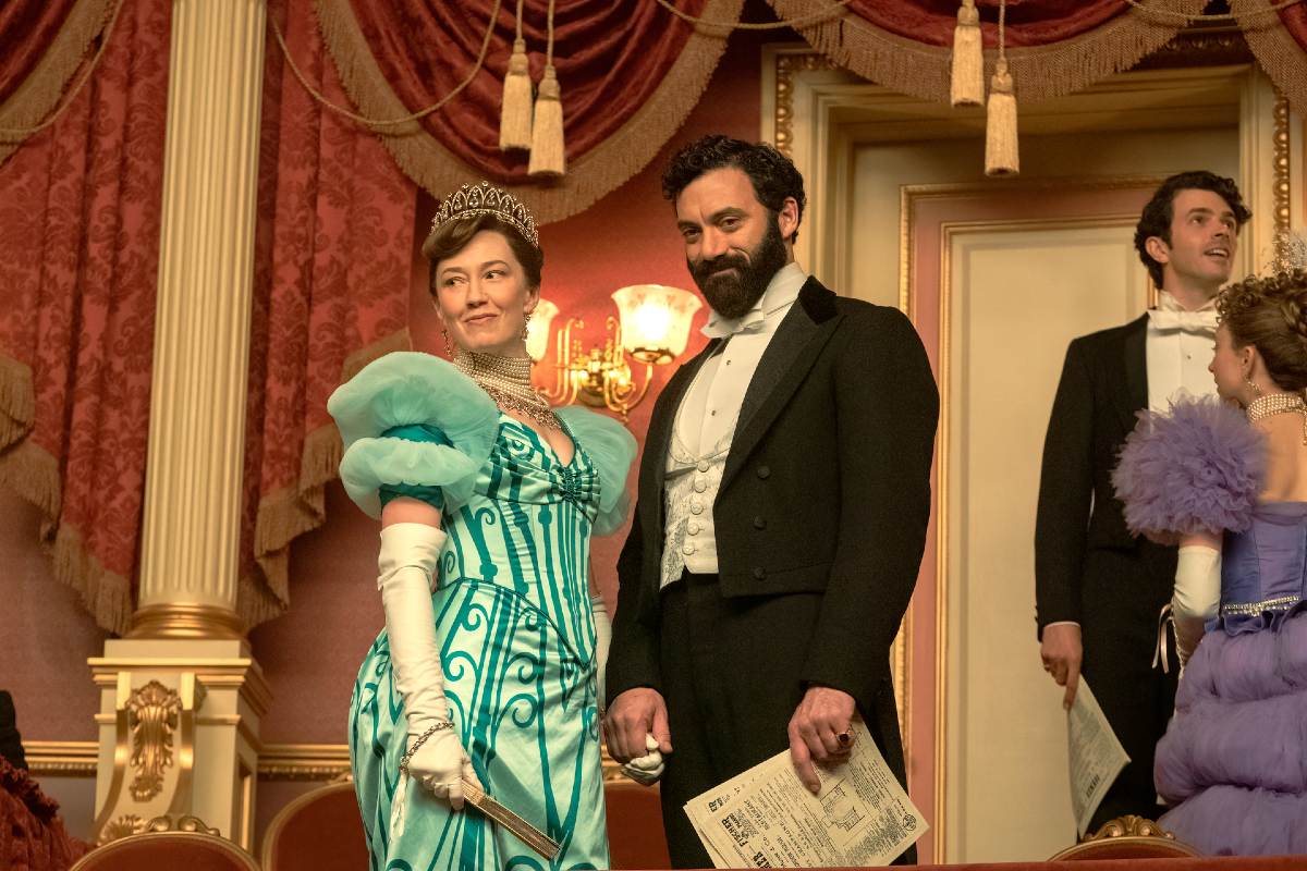 Carrie Coon and Morgan Spector as the Russells at the opera in 'The Gilded Age.'