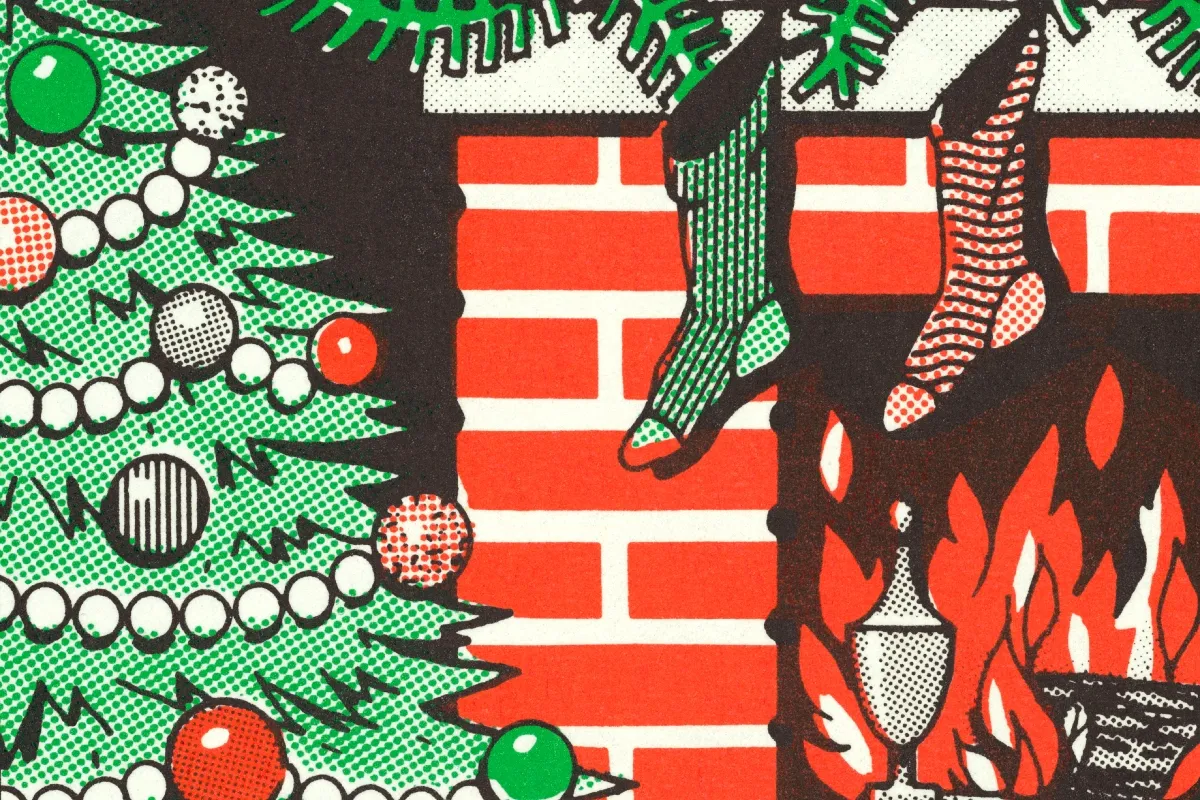 Christmas stockings over a fireplace, next to a Christmas tree, illustrated in the style of old comic books