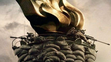 A cropped version of the poster image for 'Civil War,' the new film from Alex Garland. Soldiers are stationed around the flame of the Statue of Liberty with guns and sandbags.