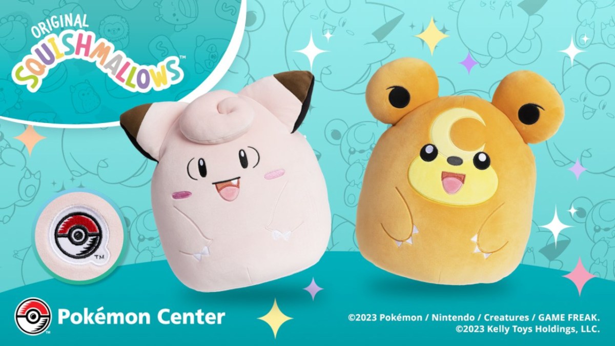 A Clefairy Squishmallow with the Teddiursa Squishmallow