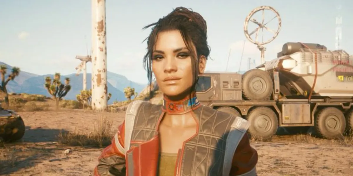 A young woman stands smiling in the sunlight in "Cyberpunk 2077"