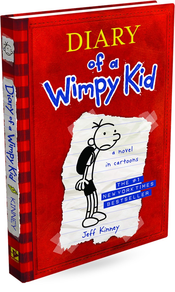 red book with sad cartoon kid on cover. Diary of a Wimpy Kid book by Jeff Kinney