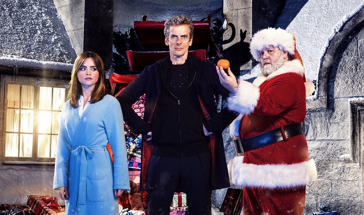 Jenna Coleman as Clara, Peter Capaldi as the Twelfth Doctor, and Nick Frost as Santa in Doctor Who: Last Christmas