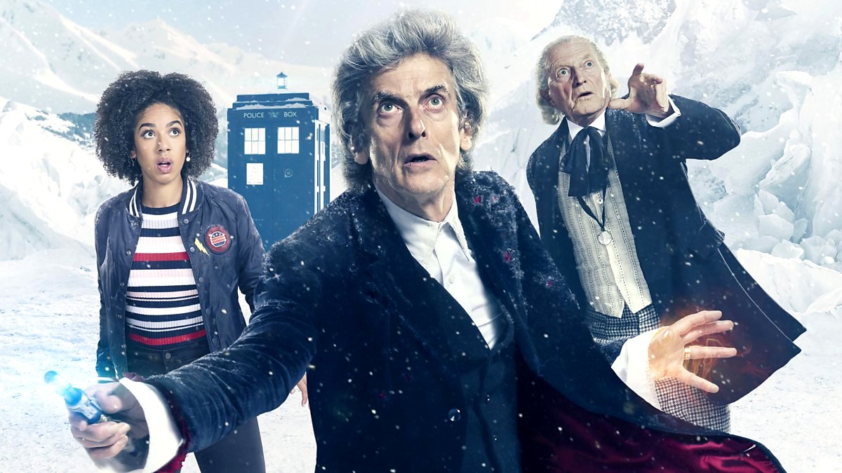Pearl Mackie as Bill Potts, Peter Capaldi as the Twelfth Doctor, and David Bradley as the First Doctor in Doctor Who: Twice Upon a Time