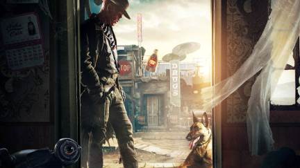 A man leans against a doorway in a post-apocalyptic world in 'Fallout' series.