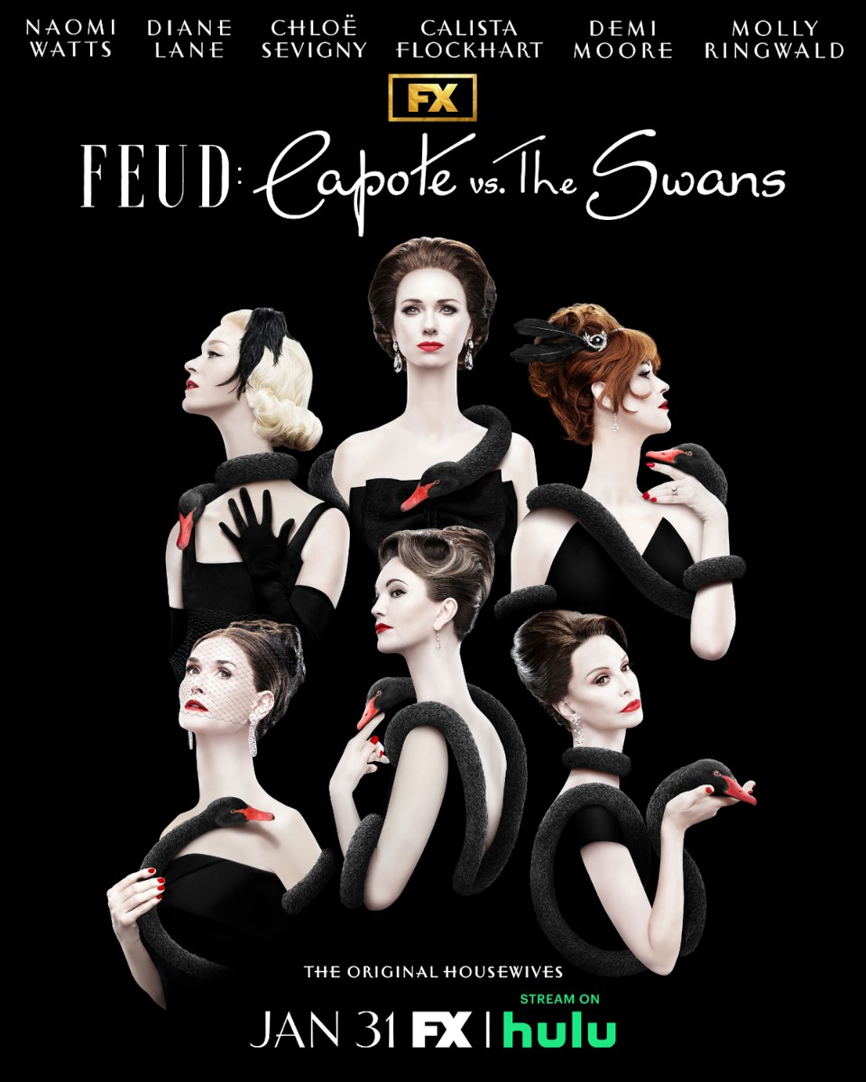 Promo art for 'Feud: Capote vs. the Swans,' featuring several women holding black swans