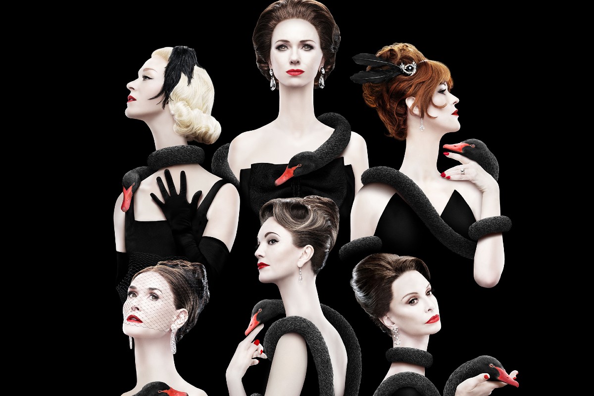 Promo art for 'Feud: Capote vs. the Swans,' featuring several women holding black swans