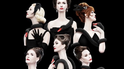 Promo art for 'Feud: Capote vs. the Swans,' featuring several women holding black swans