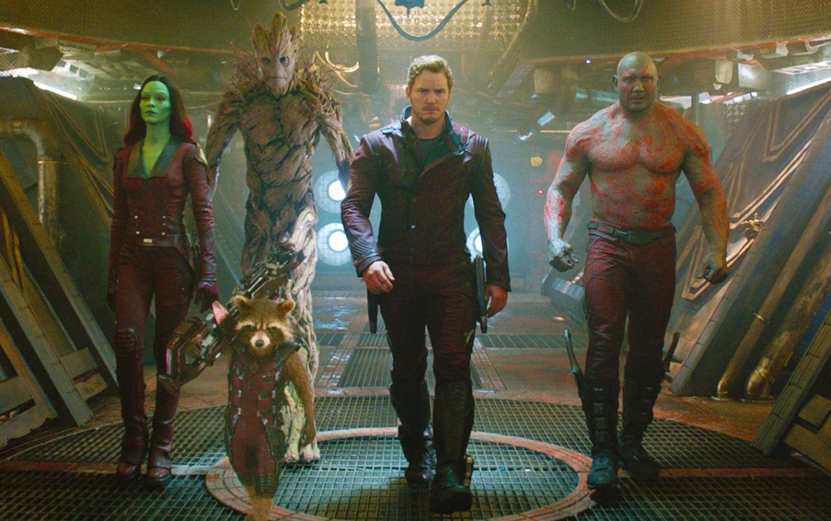 Gamora (Zoe Saldana), Groot (Vin Diesel), Peter Quill (Chris Pratt), Drax (Dave Bautista) and Rocket (Bradley Cooper) in Guardians of the Galaxy