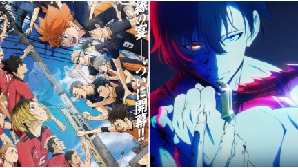 Visuals for Haikyu!! Battle of the Garbage Dump movie featuring Team Nekoma and Team Karasuno on the left, and Solo Leveling visuals of Sung Jinwoo on the right.